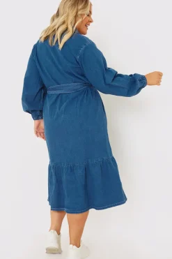 Hot In the Style Denim Belted Tiered Midaxi Shirt Dress Blue