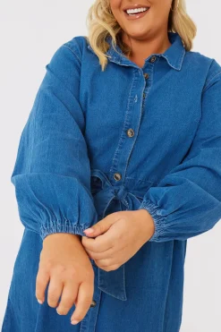 Hot In the Style Denim Belted Tiered Midaxi Shirt Dress Blue