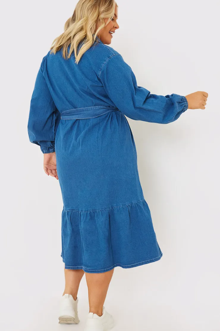 Hot In the Style Denim Belted Tiered Midaxi Shirt Dress Blue
