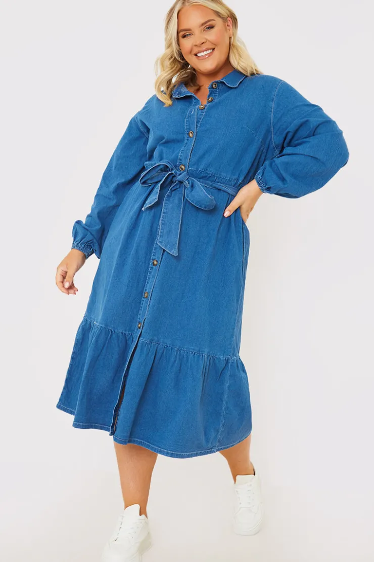 Hot In the Style Denim Belted Tiered Midaxi Shirt Dress Blue