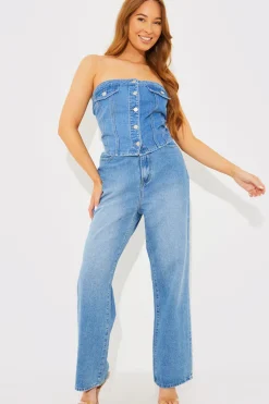 Online In The Style Denim Button Through Bandeau Top Blue
