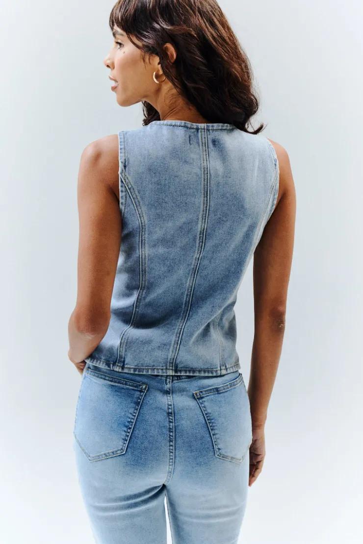 Clearance In The Style Denim Crew Neck Waistcoat Blue