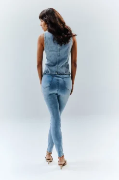 Clearance In The Style Denim Crew Neck Waistcoat Blue