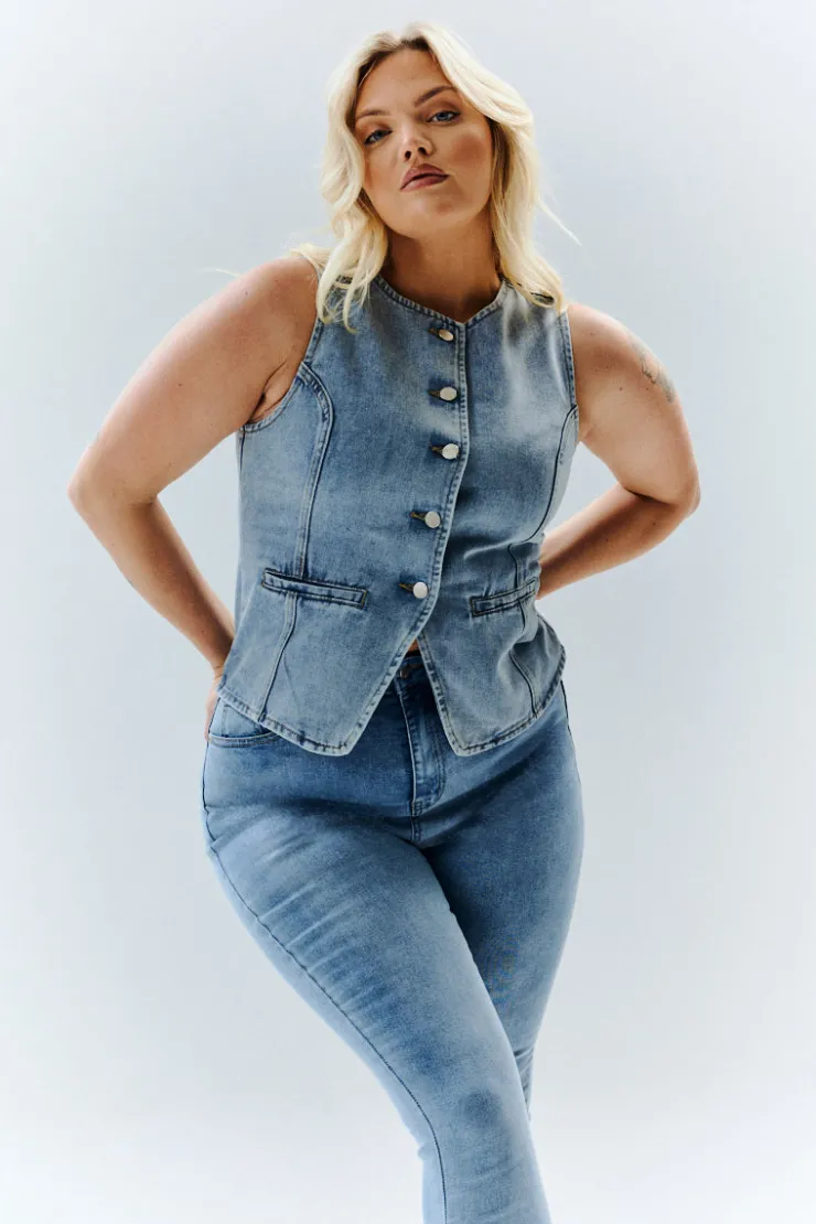 Clearance In The Style Denim Crew Neck Waistcoat Blue