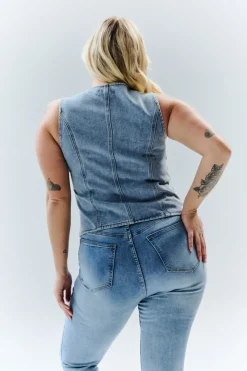 Clearance In The Style Denim Crew Neck Waistcoat Blue