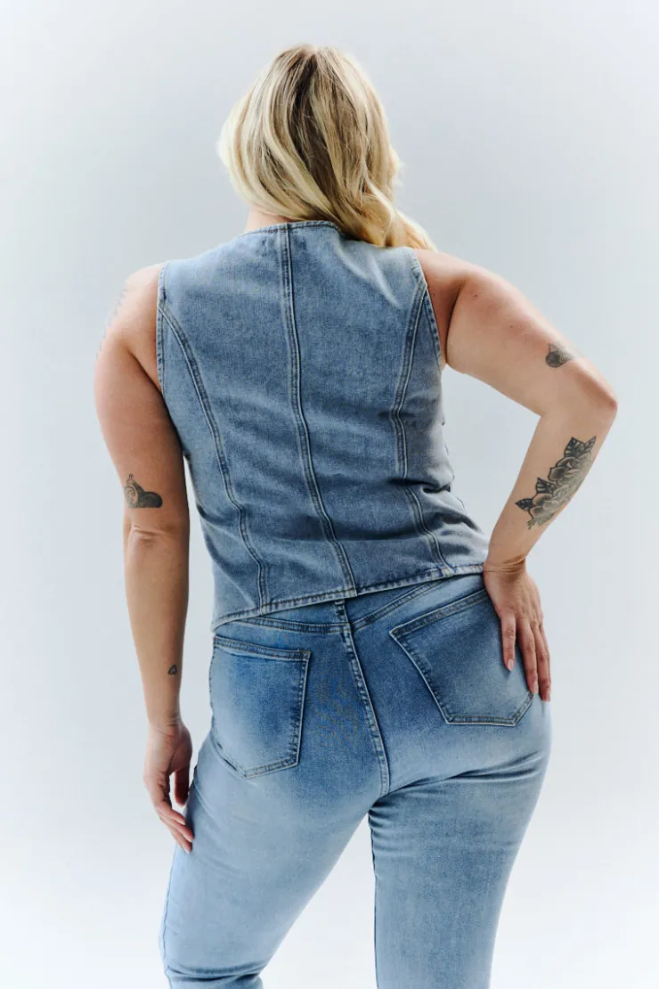 Clearance In The Style Denim Crew Neck Waistcoat Blue