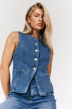 In The Style Denim Crew Neck Waistcoat Midblue