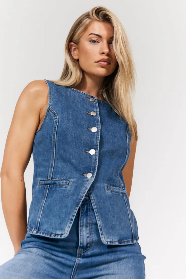 In The Style Denim Crew Neck Waistcoat Midblue