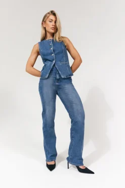 In The Style Denim Crew Neck Waistcoat Midblue
