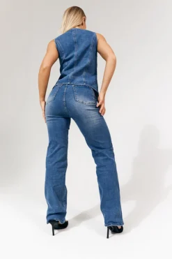 In The Style Denim Crew Neck Waistcoat Midblue