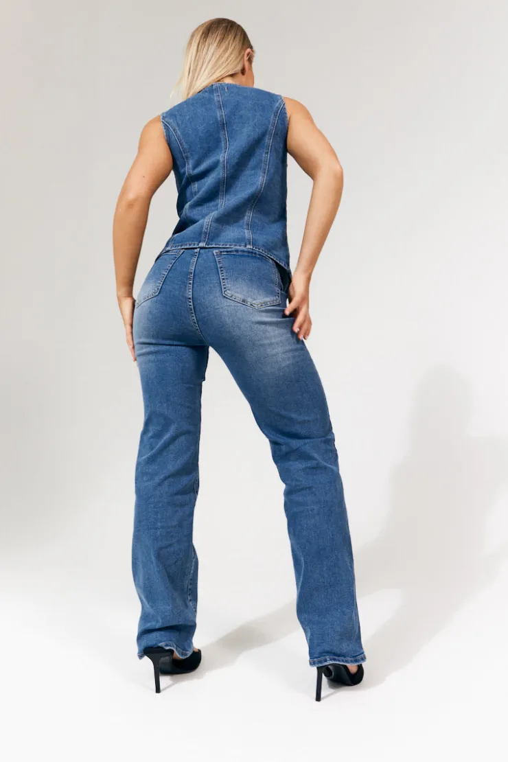 In The Style Denim Crew Neck Waistcoat Midblue