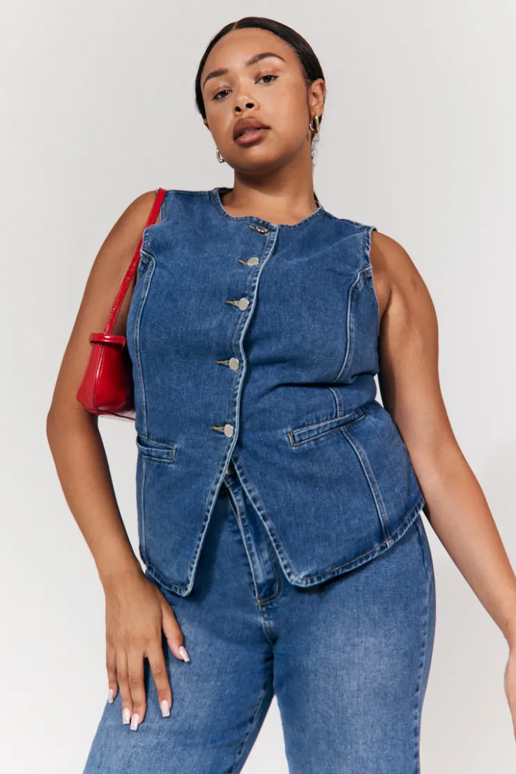 In The Style Denim Crew Neck Waistcoat Midblue