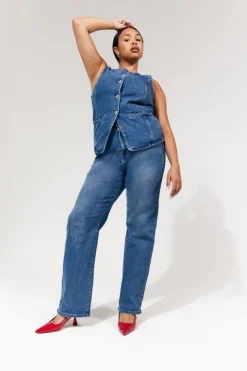 In The Style Denim Crew Neck Waistcoat Midblue