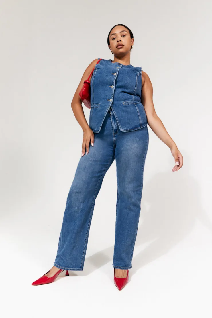 In The Style Denim Crew Neck Waistcoat Midblue