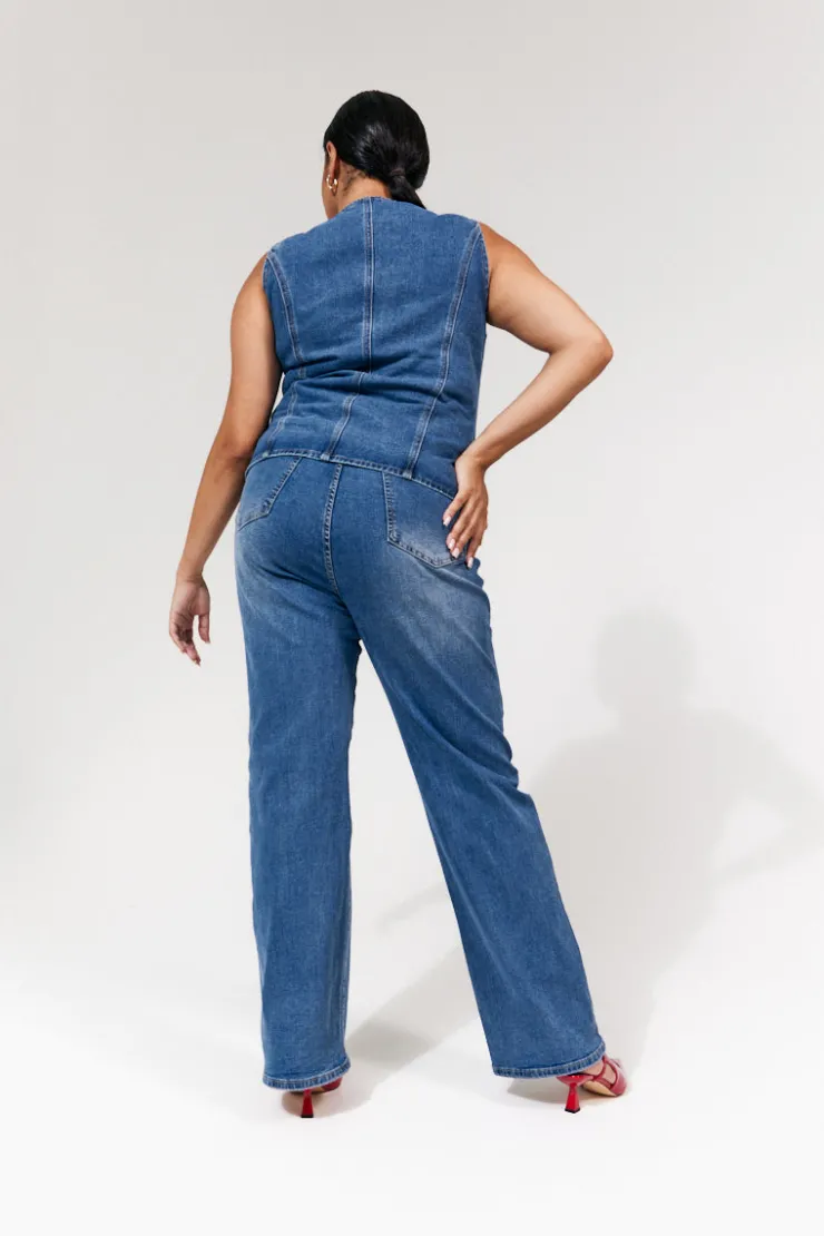 In The Style Denim Crew Neck Waistcoat Midblue