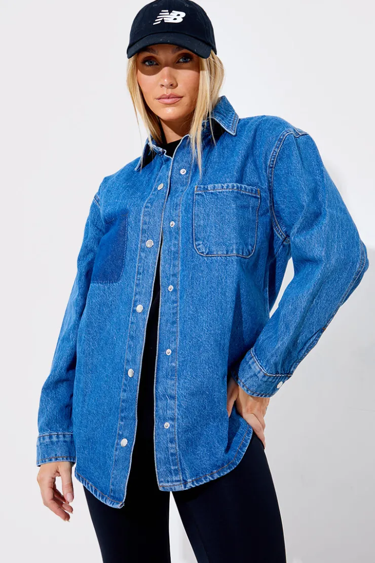 Sale In The Style Denim Shirt With Contrast Pocket Blue
