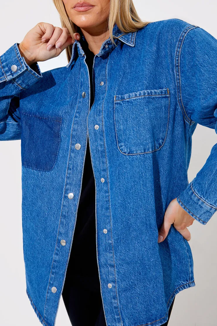 Sale In The Style Denim Shirt With Contrast Pocket Blue