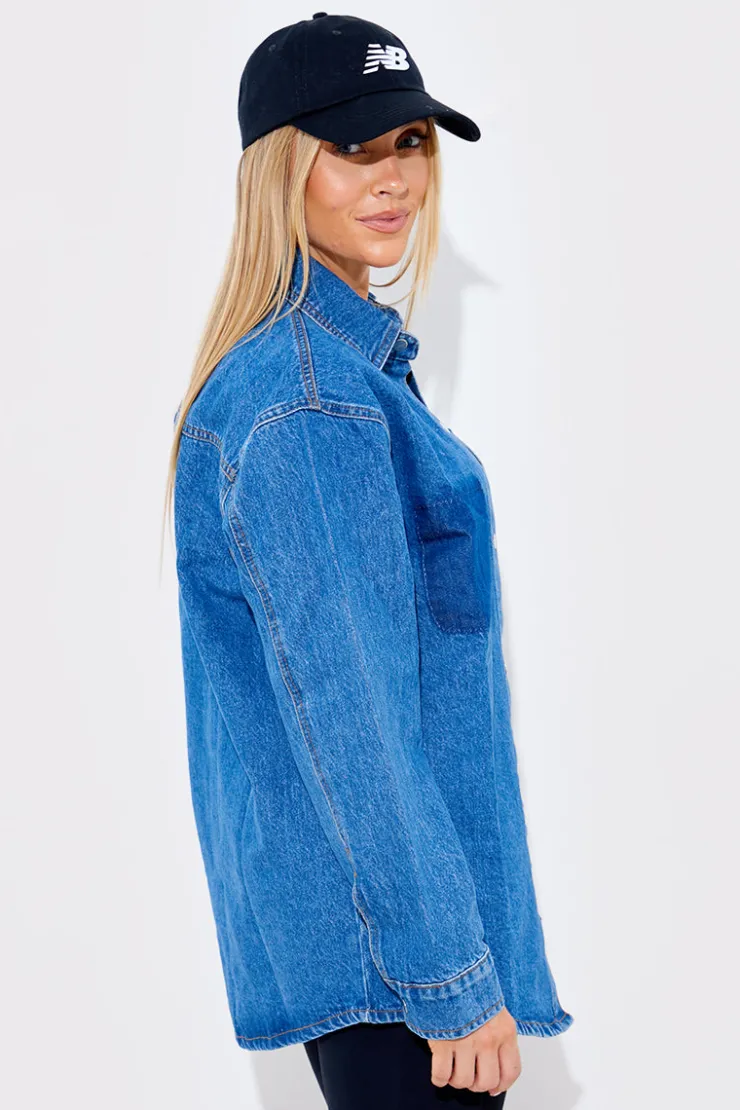 Sale In The Style Denim Shirt With Contrast Pocket Blue