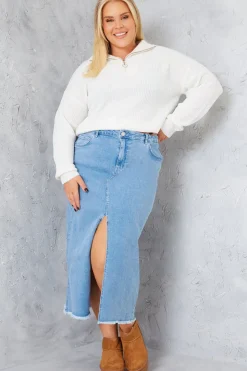 Online In the Style Denim Split Detail Midi Skirt Blue
