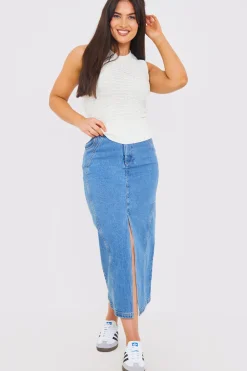 Sale In the Style Denim Split Midaxi Skirt Blue