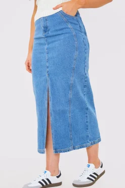 Sale In the Style Denim Split Midaxi Skirt Blue