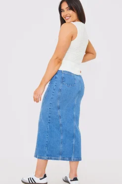 Sale In the Style Denim Split Midaxi Skirt Blue