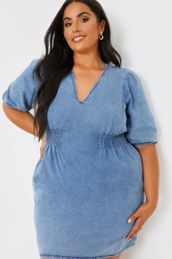 Clearance In The Style Denim V Neck Shirred Waist Tie Back Mini Dress Blue
