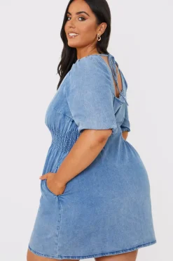 Clearance In The Style Denim V Neck Shirred Waist Tie Back Mini Dress Blue