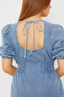 Clearance In The Style Denim V Neck Shirred Waist Tie Back Mini Dress Blue