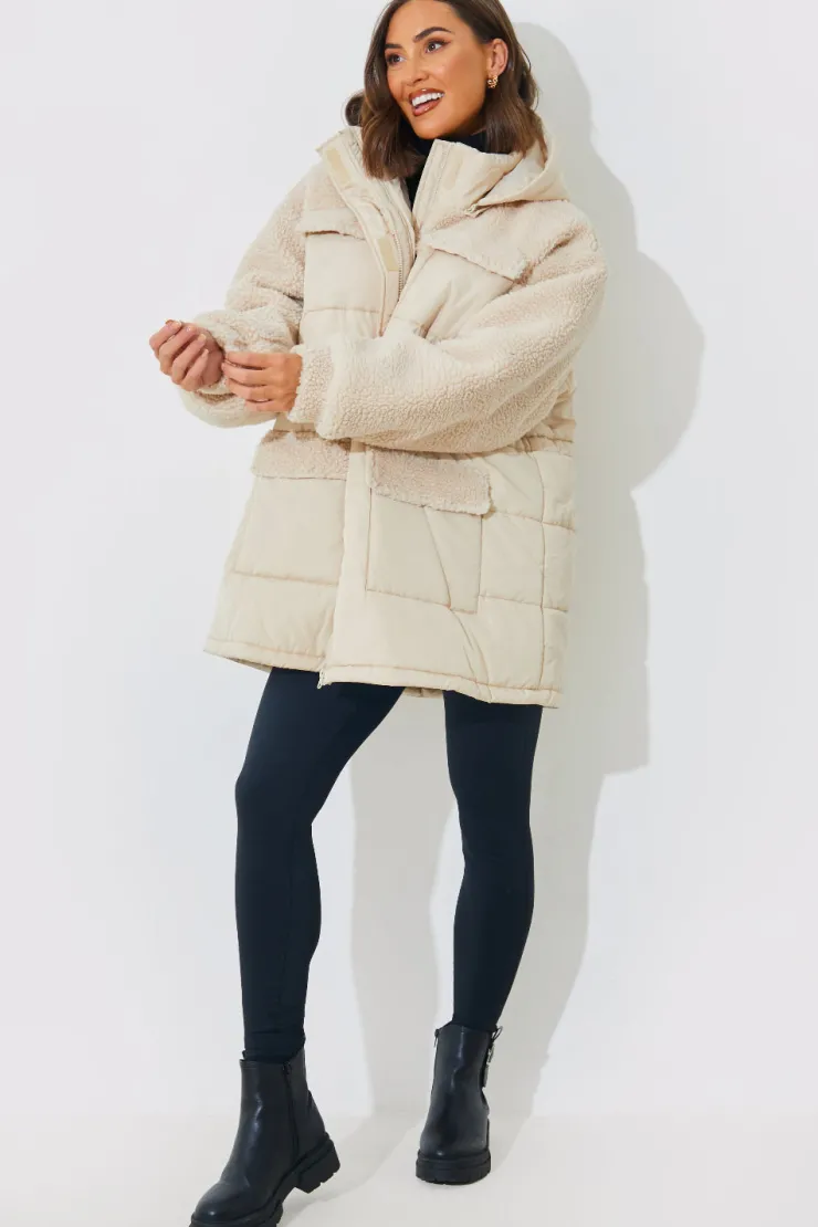 Hot In the Style Detachable Hood Borg Puffer Coat Cream