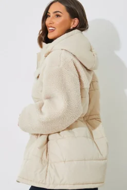 Hot In the Style Detachable Hood Borg Puffer Coat Cream