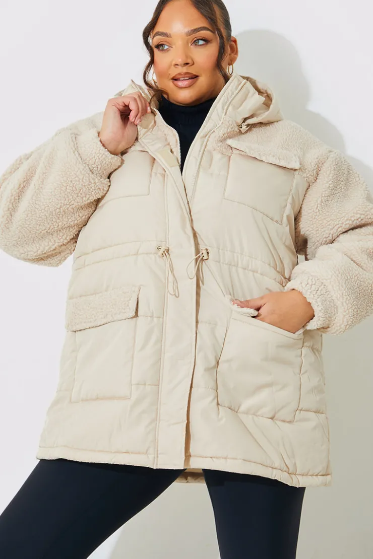 Hot In the Style Detachable Hood Borg Puffer Coat Cream