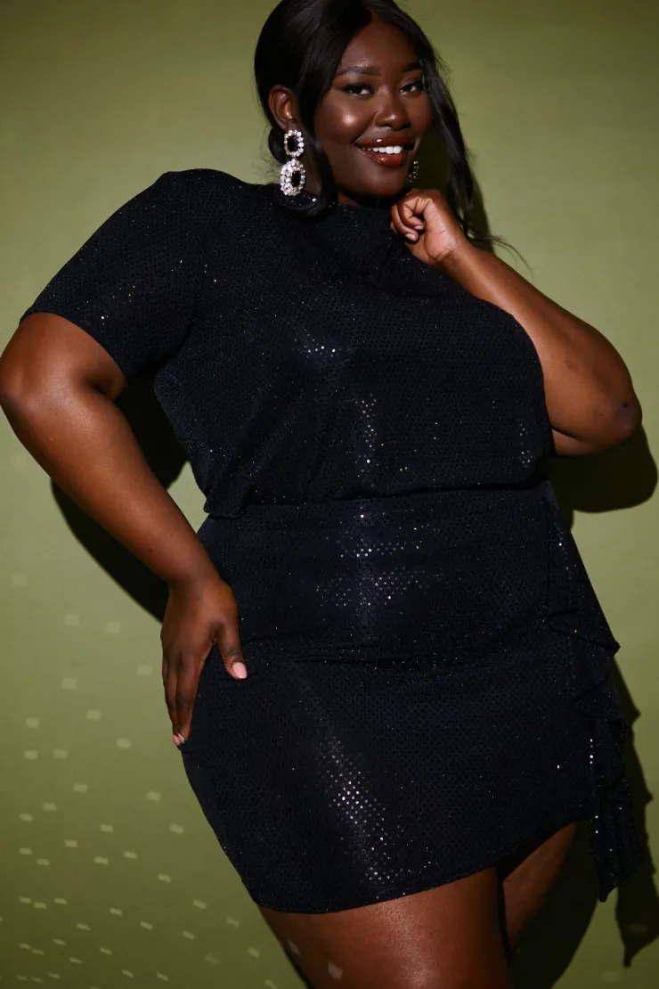Outlet In the Style Disco Sequin Co Ord Ruffle Mini Skirt Black