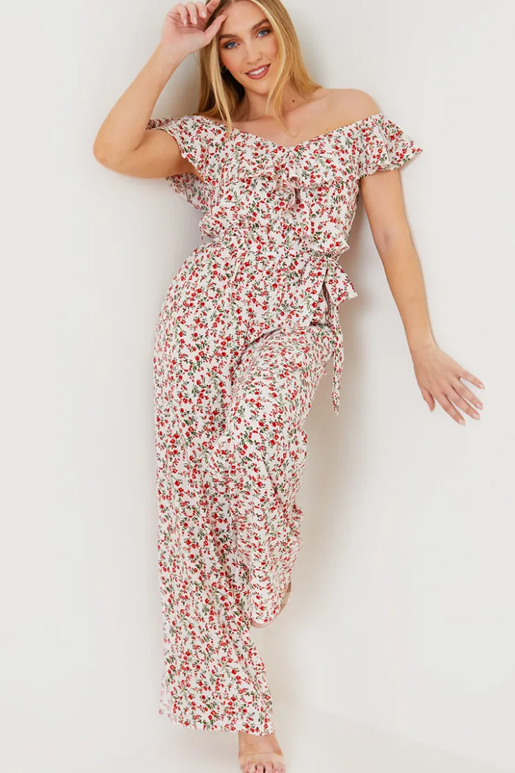 Sale In the Style Ditsy Floral Print Wrap Bardot Jumpsuit Cream