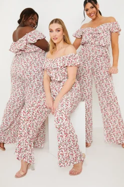 Sale In the Style Ditsy Floral Print Wrap Bardot Jumpsuit Cream