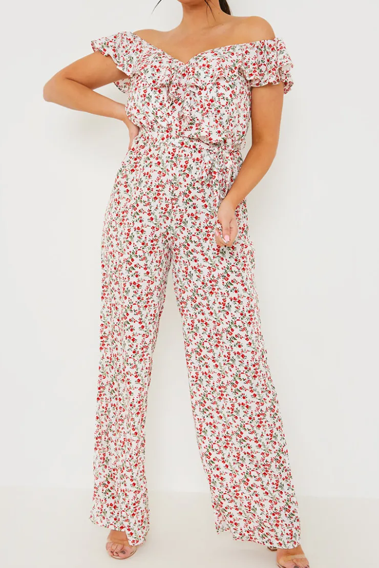 Sale In the Style Ditsy Floral Print Wrap Bardot Jumpsuit Cream