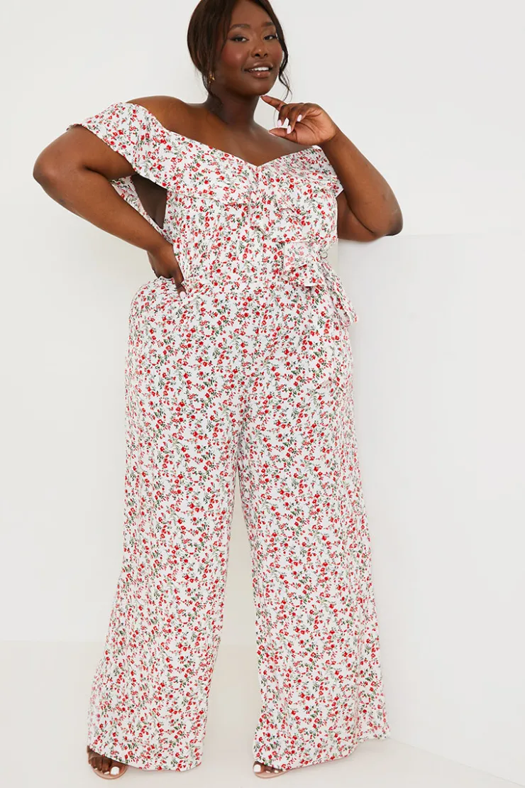 Sale In the Style Ditsy Floral Print Wrap Bardot Jumpsuit Cream