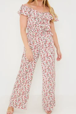 Sale In the Style Ditsy Floral Print Wrap Bardot Jumpsuit Cream