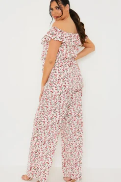Sale In the Style Ditsy Floral Print Wrap Bardot Jumpsuit Cream