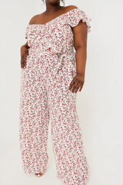 Sale In the Style Ditsy Floral Print Wrap Bardot Jumpsuit Cream
