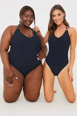 Best In the Style Double Strap Ring Detail Control Crinkle Swimsuit Black