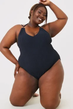 Best In the Style Double Strap Ring Detail Control Crinkle Swimsuit Black