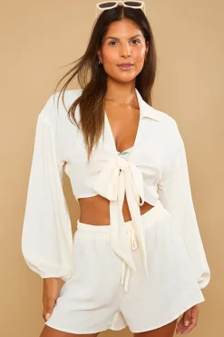 Sale In the Style Drawstring Co-Ord Shorts Cream