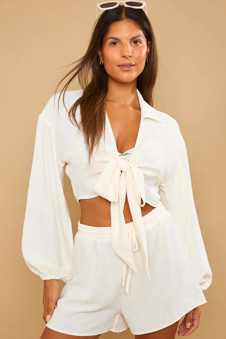 Sale In the Style Drawstring Co-Ord Shorts Cream