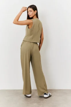 Outlet In The Style Elasticated Mid Rise Wide Leg Trouser Khaki