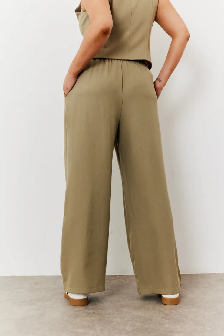 Outlet In The Style Elasticated Mid Rise Wide Leg Trouser Khaki