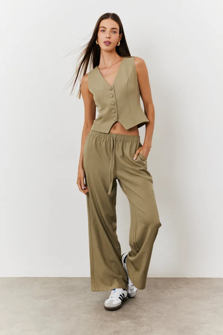 Outlet In The Style Elasticated Mid Rise Wide Leg Trouser Khaki