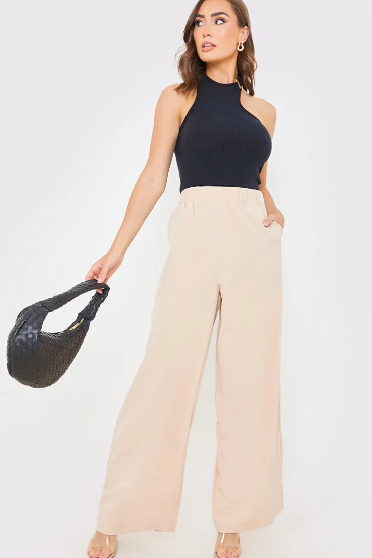 Discount In the Style Elasticated Waist Wide Leg Trousers Stone