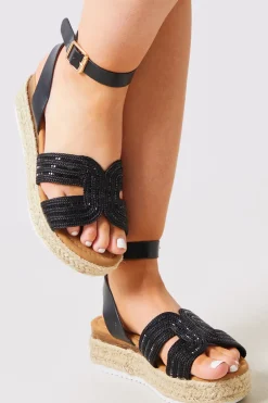 Best In The Style Embellished Flatform Espadrille Wedges Black
