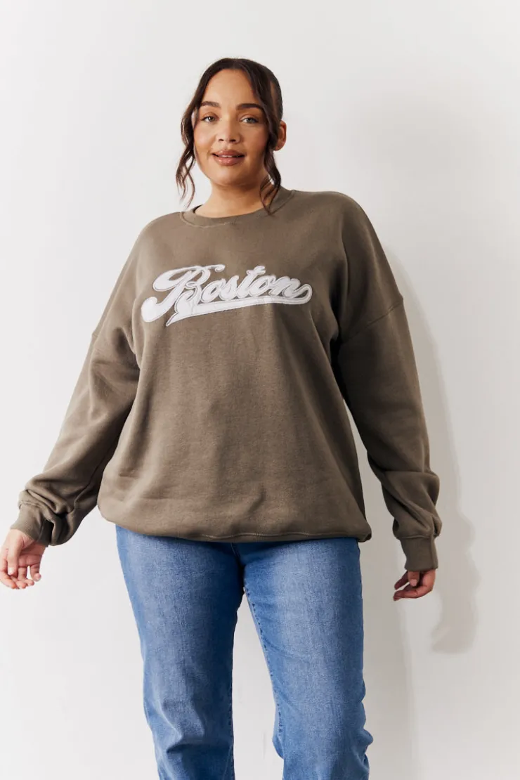 Sale In The Style Embroidered Boston Slogan Crew Neck Sweater Sage